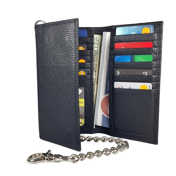 NEW Men's Black Leather Long Motorcylce Biker Chain RFID Wallet in BOX NEW - Picture 2 of 12
